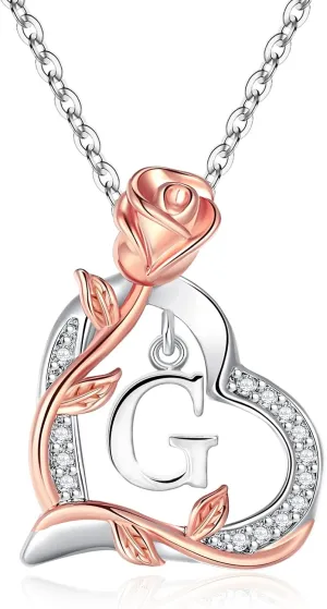 Rose Heart Initial Necklaces for Girlfriend Trendy Letter Love Pendant Silver Necklace Wife Birthday Jewelry Gifts