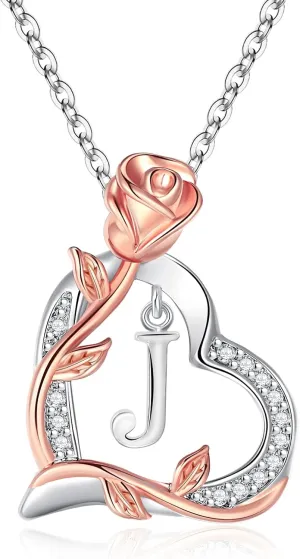 Rose Heart Initial Necklaces for Girlfriend Trendy Letter Love Pendant Silver Necklace Wife Birthday Jewelry Gifts