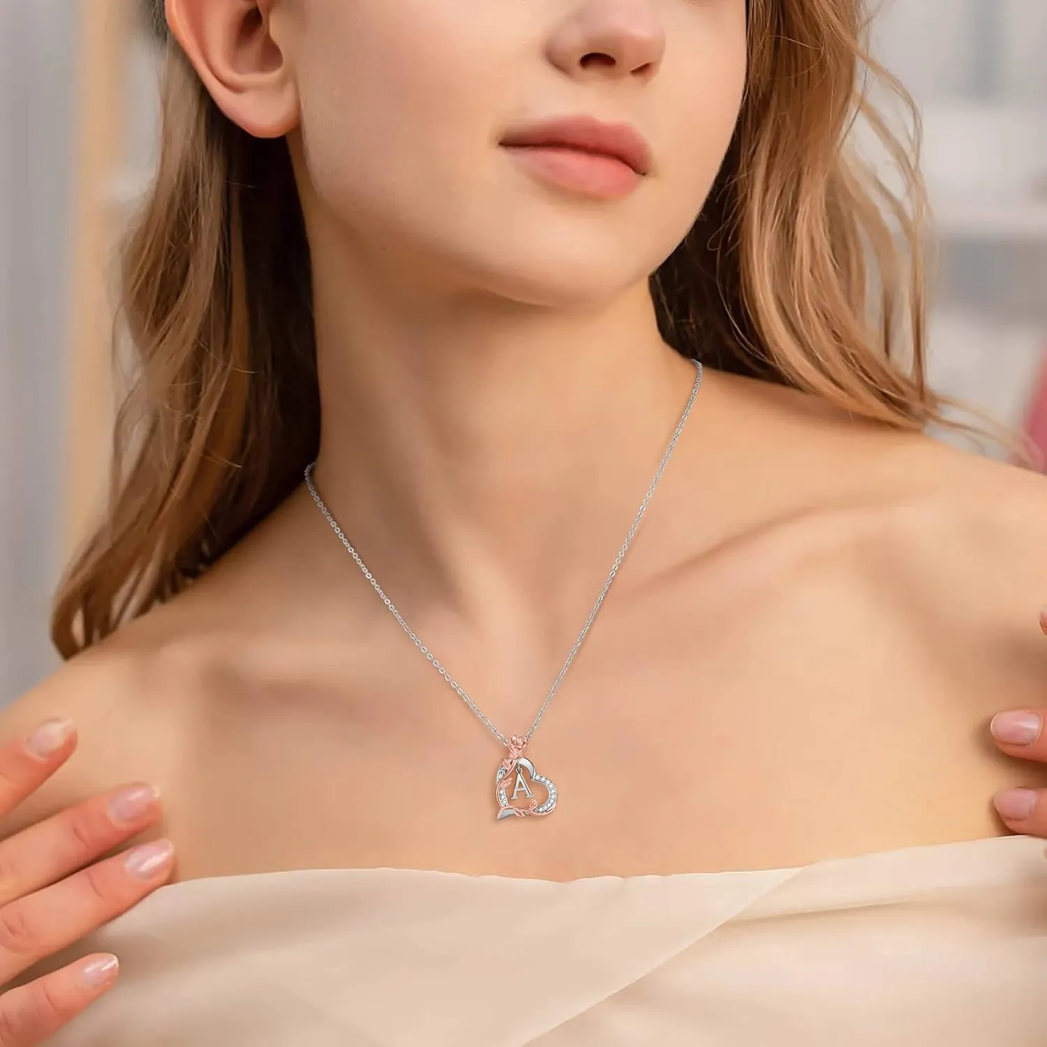 Rose Heart Initial Necklaces for Girlfriend Trendy Letter Love Pendant Silver Necklace Wife Birthday Jewelry Gifts