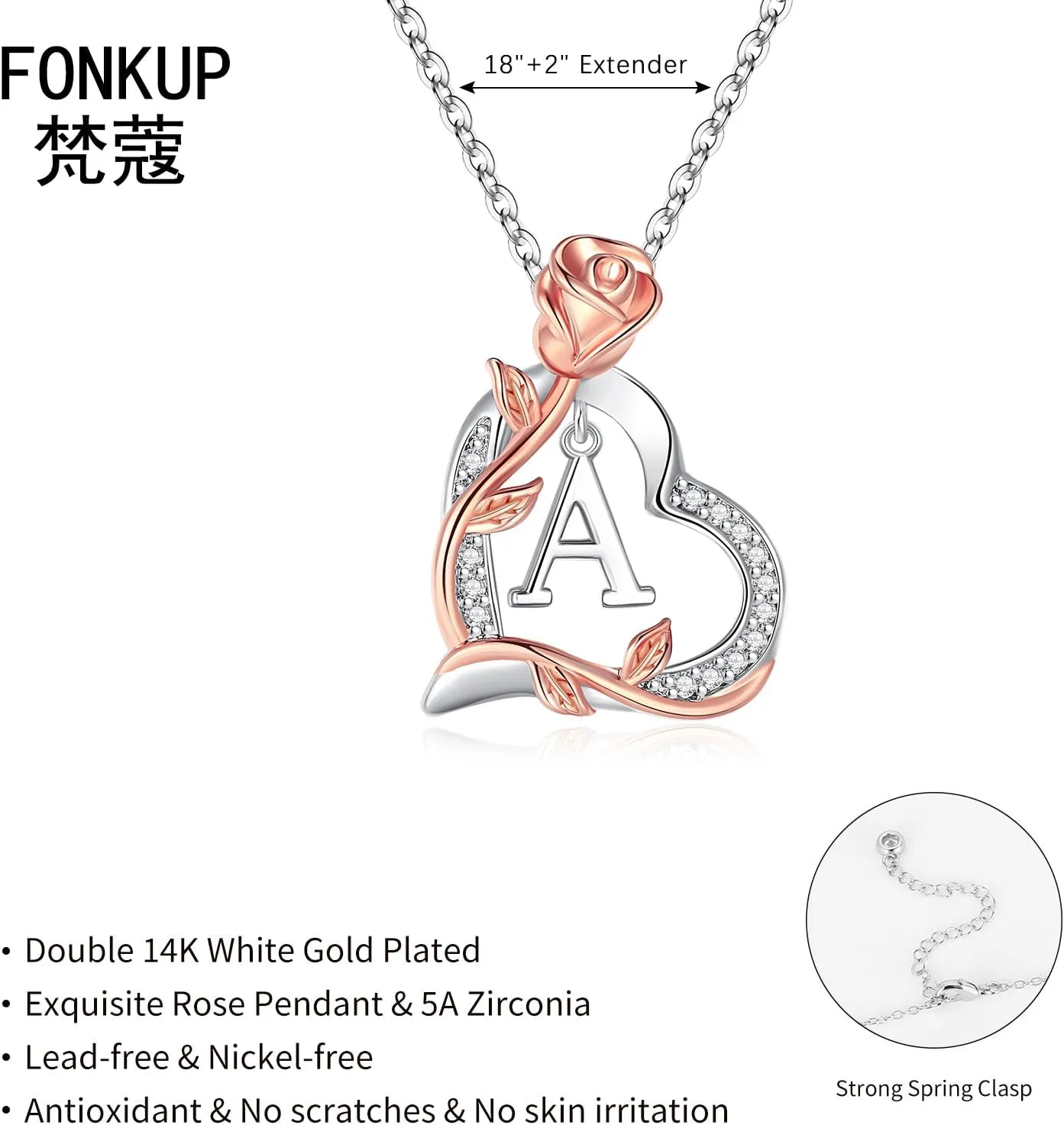 Rose Heart Initial Necklaces for Girlfriend Trendy Letter Love Pendant Silver Necklace Wife Birthday Jewelry Gifts