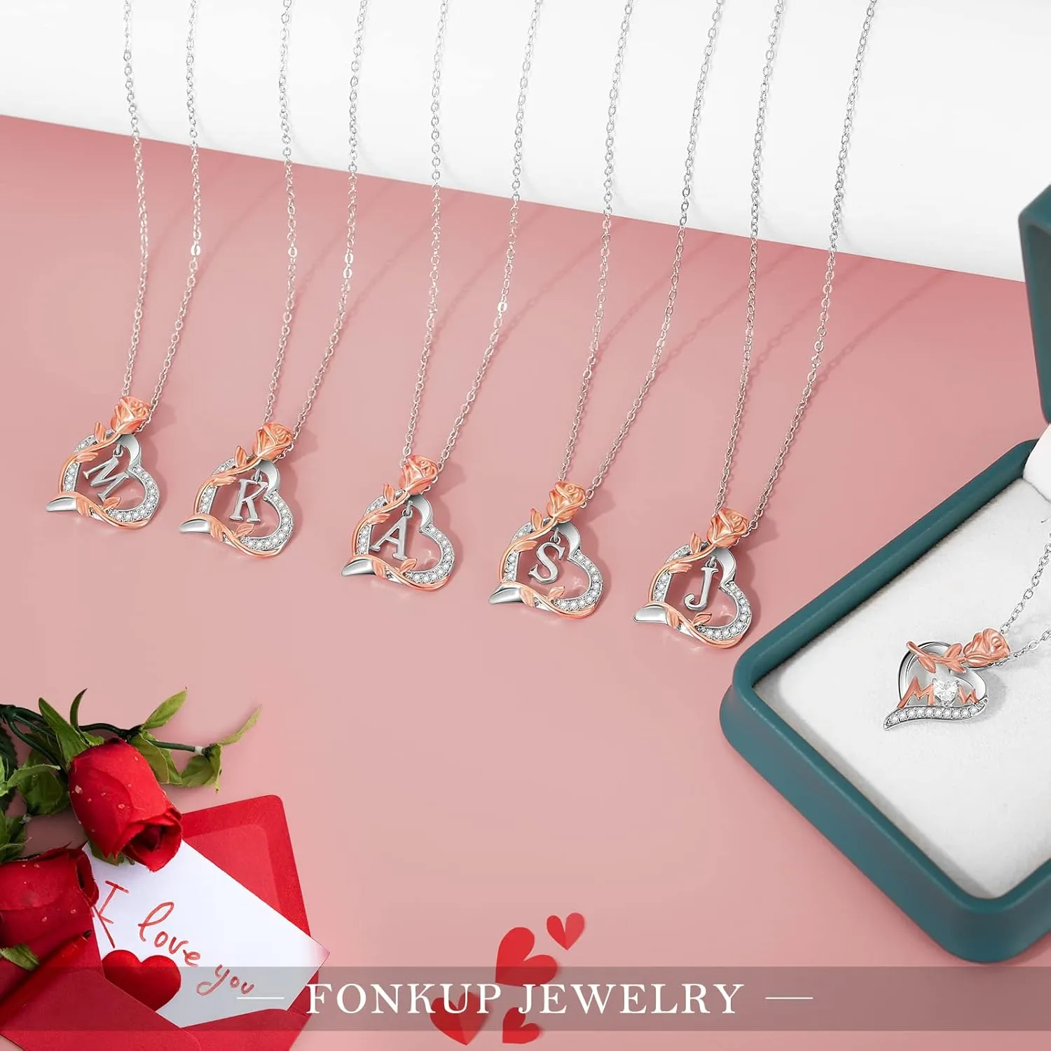 Rose Heart Initial Necklaces for Girlfriend Trendy Letter Love Pendant Silver Necklace Wife Birthday Jewelry Gifts