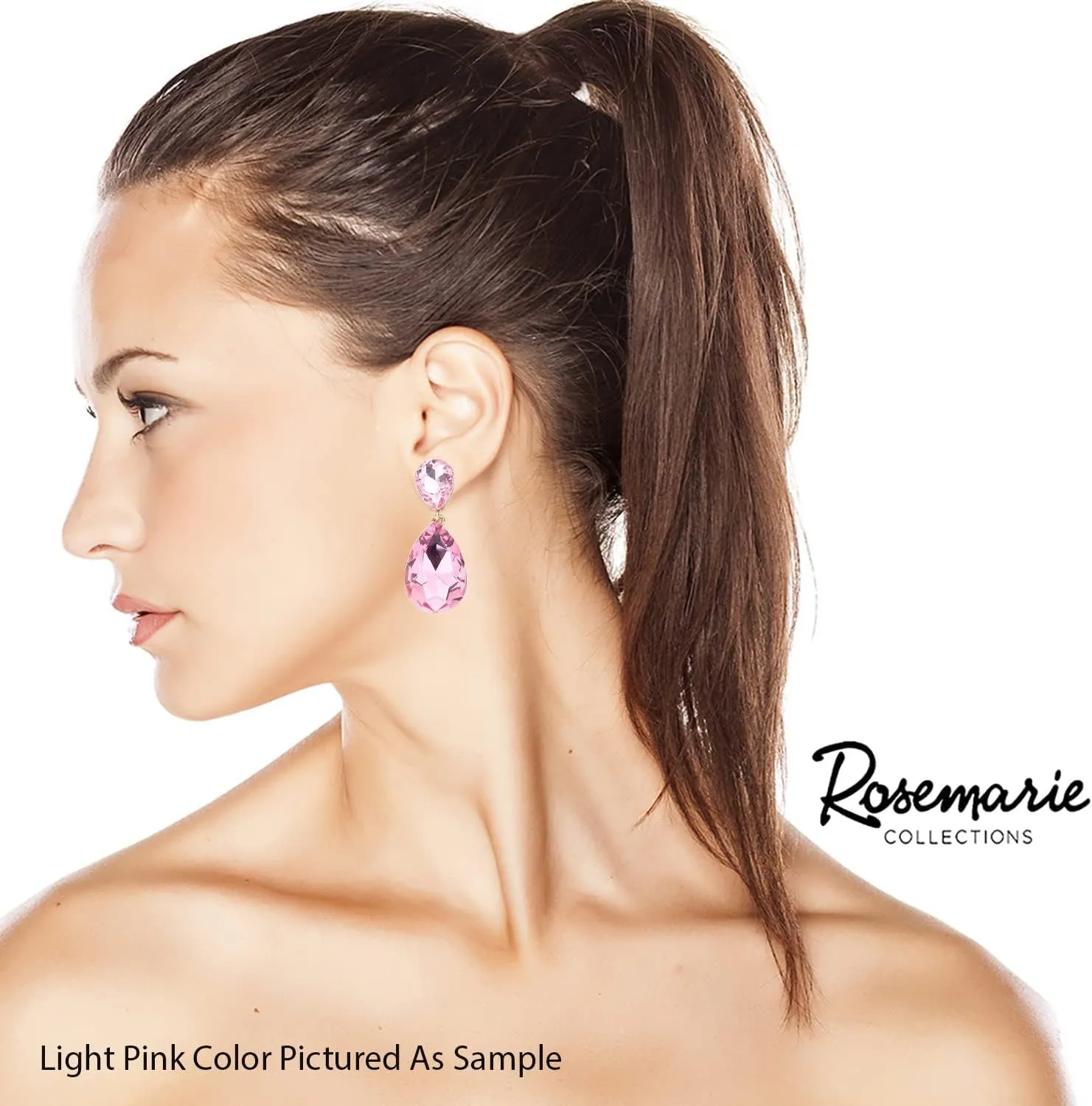 Rosemarie & Jubalee Women's Double Teardrop Statement Glass Crystal Rhinestone Dangle Clip On Bridal Earrings, 2"