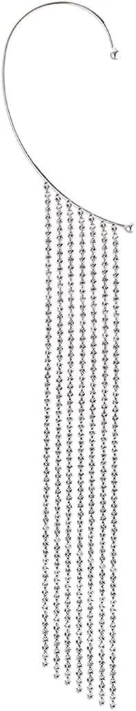 Rosemarie & Jubalee Women's Silver Tone Memory Wire Ear Cuff Crawler With Crystal Rhinestone Tassel Fringe Single Earring, 7"