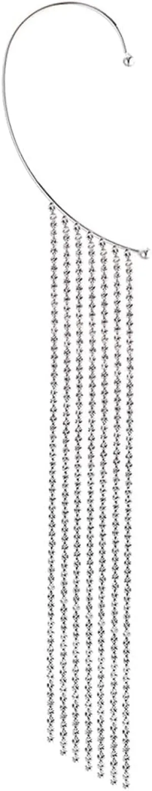Rosemarie & Jubalee Women's Silver Tone Memory Wire Ear Cuff Crawler With Crystal Rhinestone Tassel Fringe Single Earring, 7"