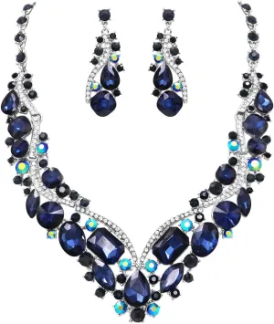Rosemarie & Jubalee Women's Stunning Crystal Rhinestone Statement Necklace Drop Earrings Bridal Set, 18" 3" Extender