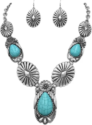 Rosemarie & Jubalee Women's Stunning Statement Vintage Western Style Semi Precious Howlite Stone Necklace Earring Gift Set, 18" 3" Extender