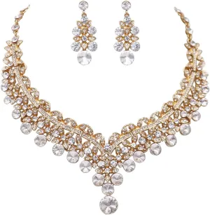 Rosemarie Collections Women's Mesmerizing Gold Tone With Round Crystals Statement Necklace Earrings Bridal Gift Set, 18" 2.5" Extender