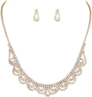 Rosemarie Collections Women's Stunning Gold Tone Draped Crystal Rhinestone With Simulated Pearl Statement Necklace And Hypoallergenic Post Earrings Bridal Jewelry Set, 14" 5" Extender