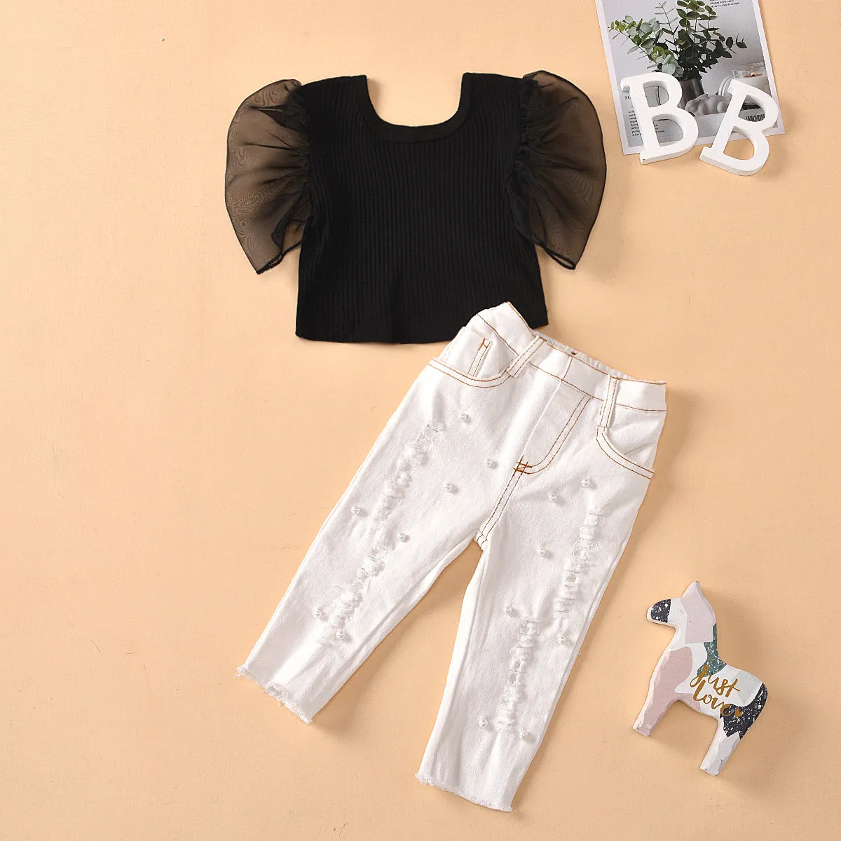 Round neck transparent mesh sleeves solid color tops with beads and ripped jeans children's suit