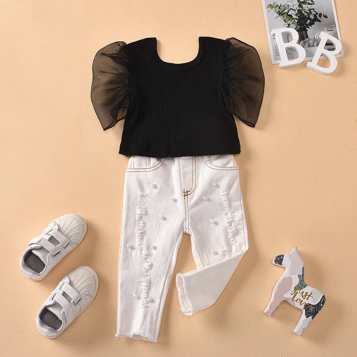 Round neck transparent mesh sleeves solid color tops with beads and ripped jeans children's suit