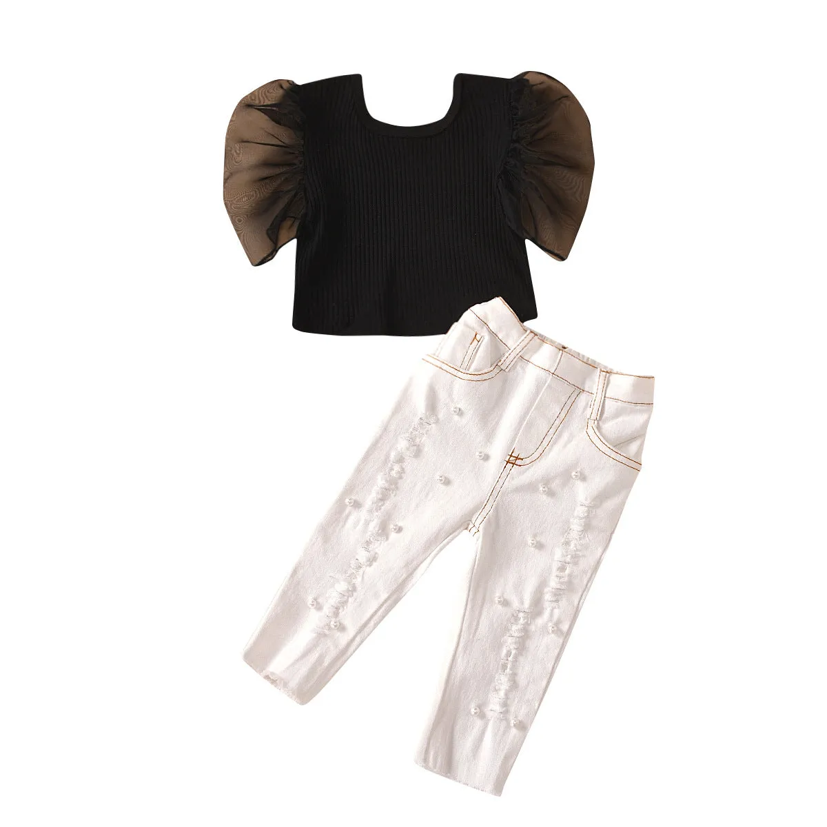 Round neck transparent mesh sleeves solid color tops with beads and ripped jeans children's suit