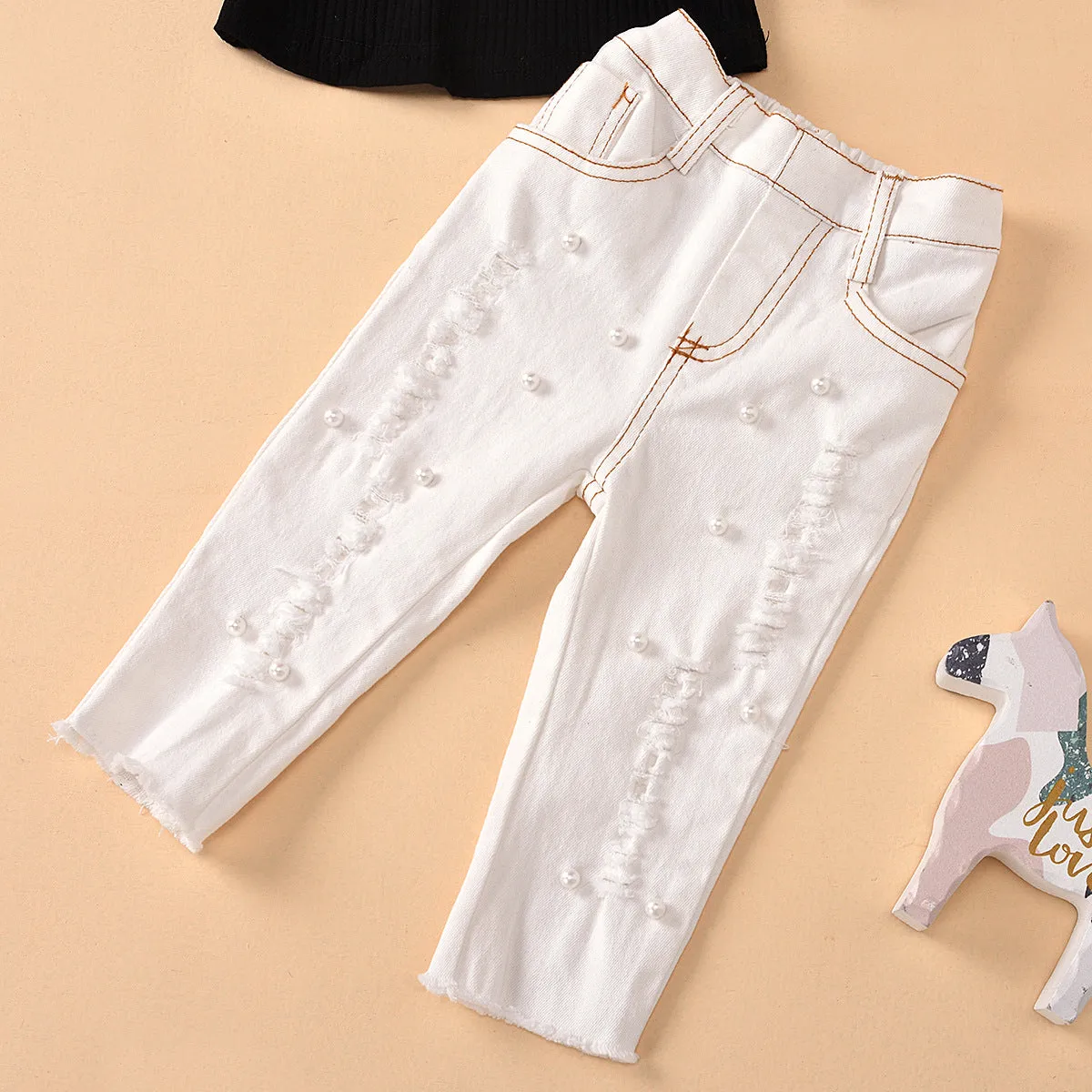 Round neck transparent mesh sleeves solid color tops with beads and ripped jeans children's suit
