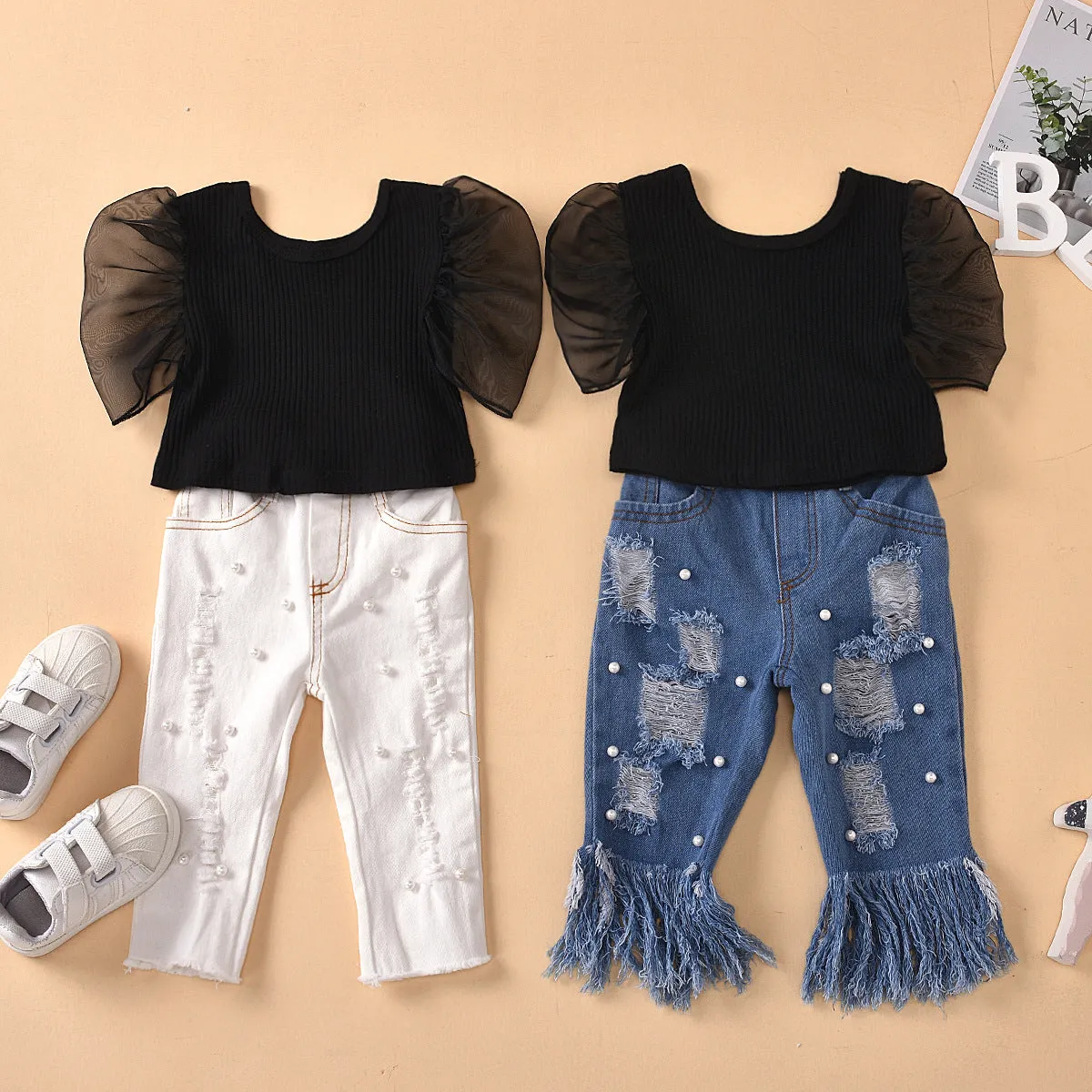 Round neck transparent mesh sleeves solid color tops with beads and ripped jeans children's suit