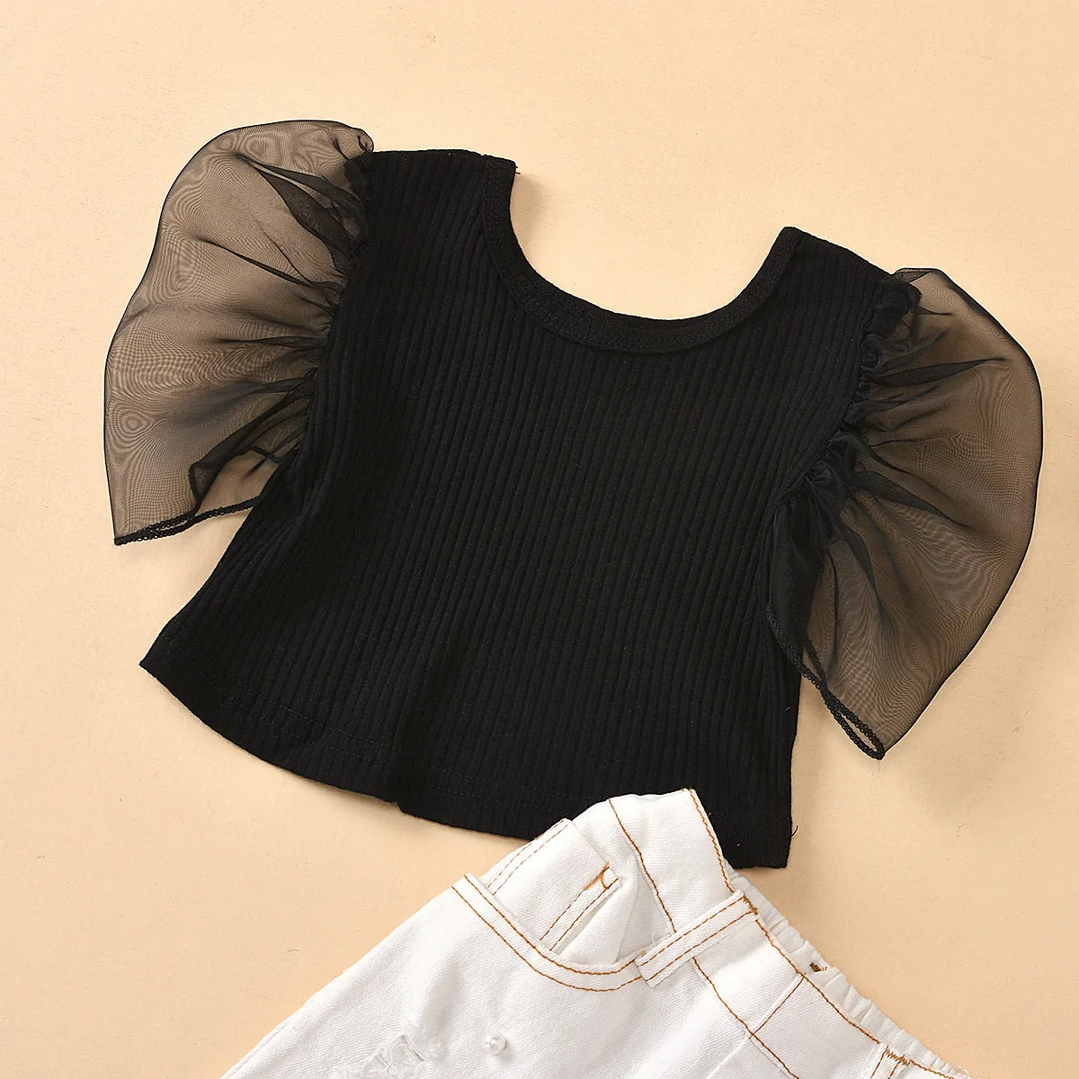 Round neck transparent mesh sleeves solid color tops with beads and ripped jeans children's suit