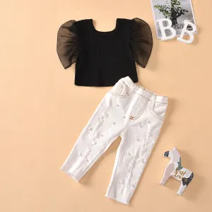 Round neck transparent mesh sleeves solid color tops with beads and ripped jeans children's suit