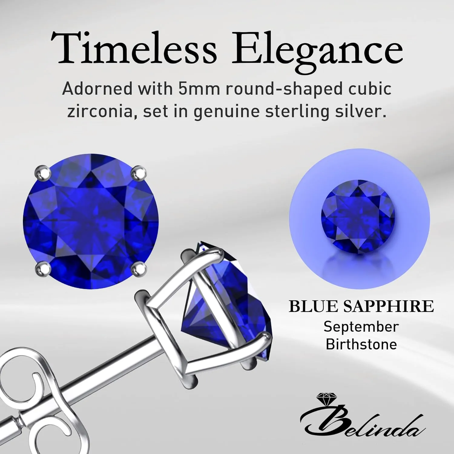 Round Stud Earrings, Cubic Zirconia 5mm Gemstone Earrings for Women, 925 Sterling Silver Earrings with Solitaire Prongs, 0.12