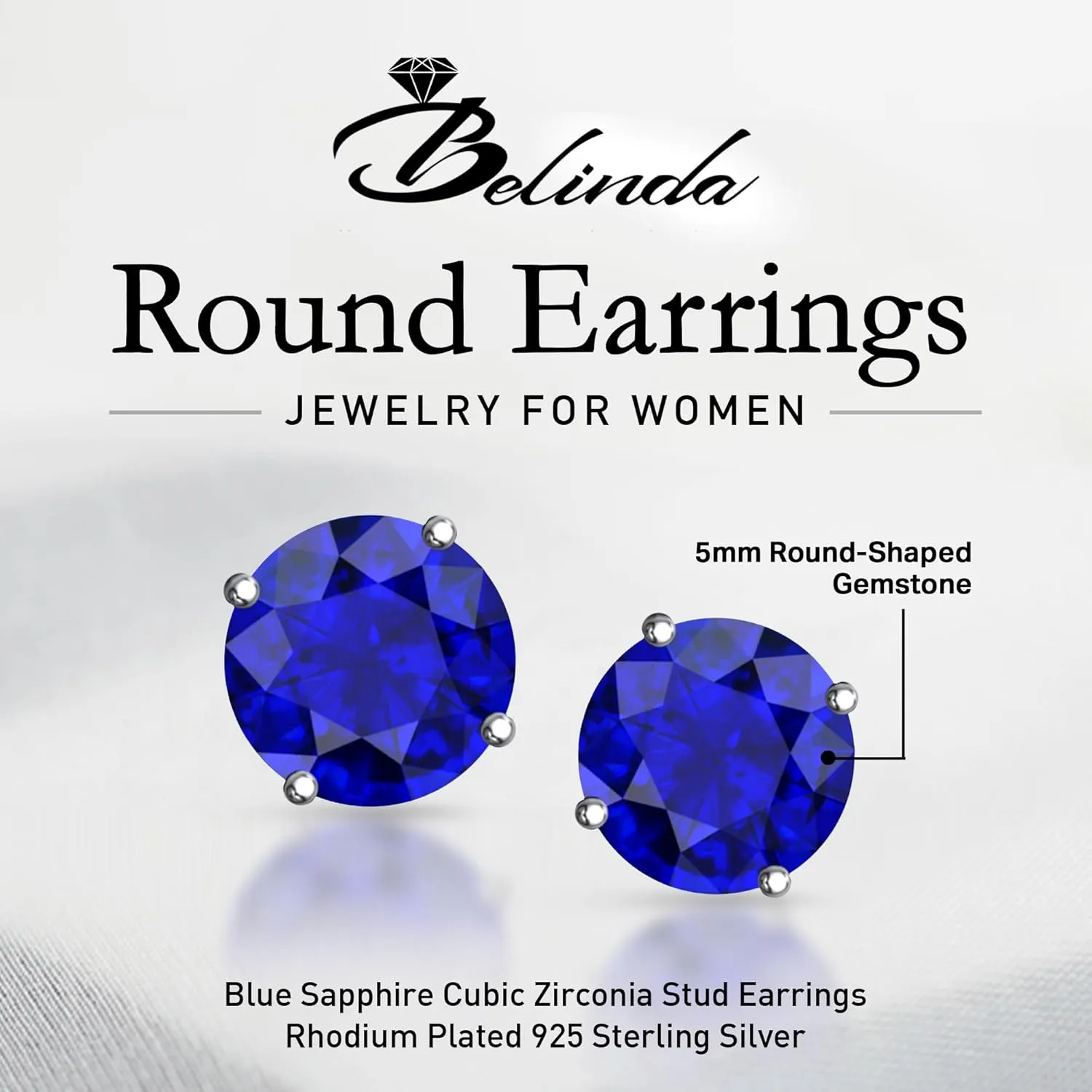 Round Stud Earrings, Cubic Zirconia 5mm Gemstone Earrings for Women, 925 Sterling Silver Earrings with Solitaire Prongs, 0.12