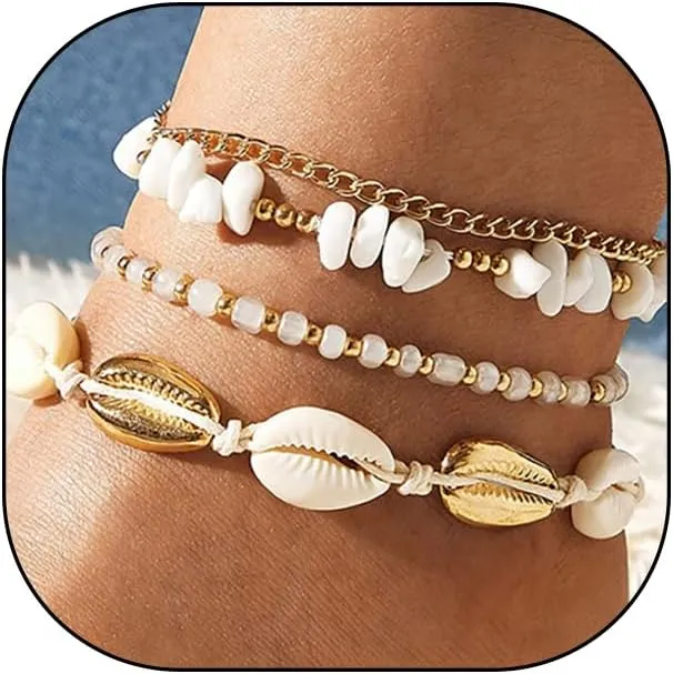 Rrdaily 4Pcs Layered Seashell Anklets Bracelets Set for Women, Adjustable Bohemia Beach Beaded Foot Chain Stone Anklet Bracelets Jewelry for Gifts