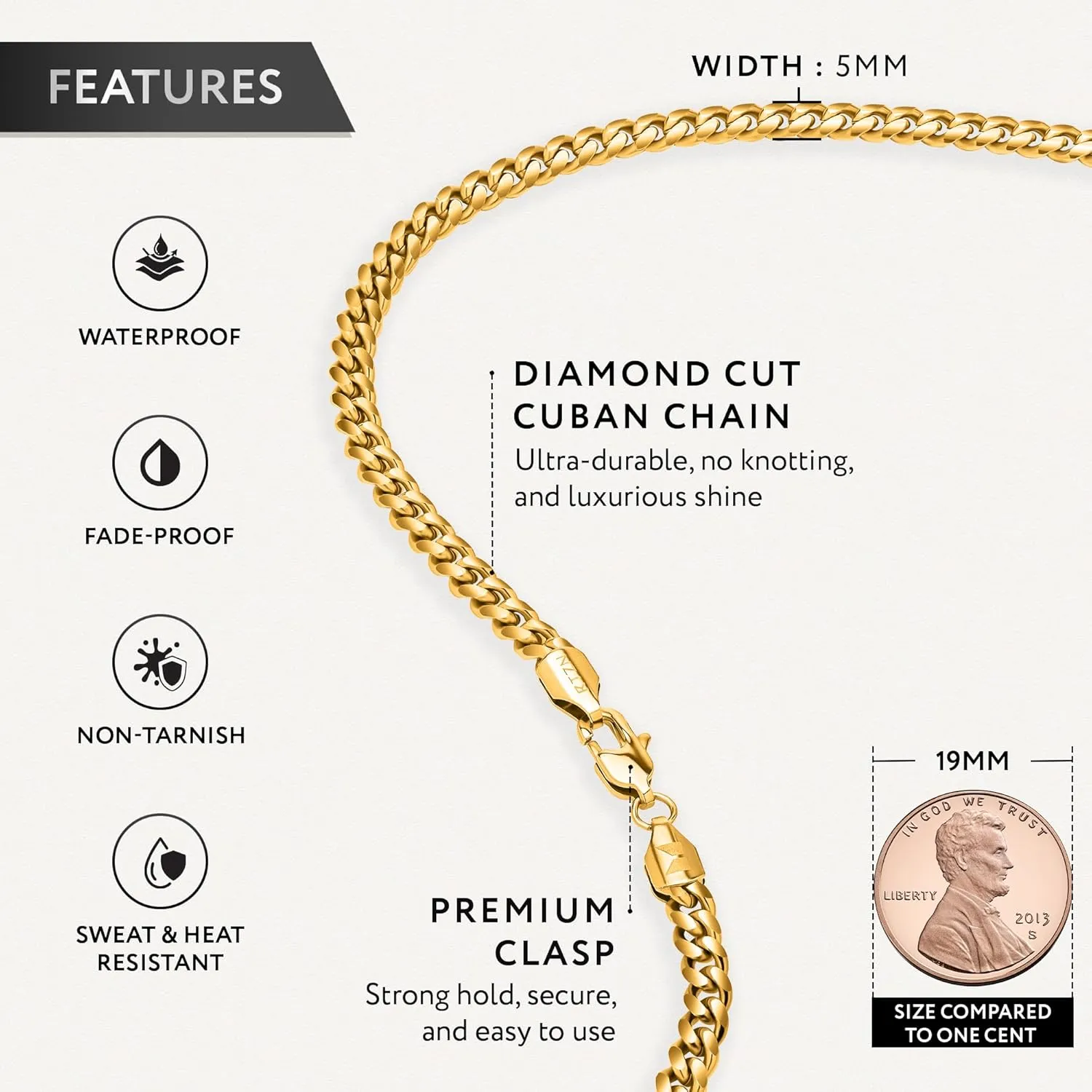 RTZN Cuban Link Chain for Men  3.5/5mm Mens Cuban Chain  Premium Gold/Black/Silver Stainless Steel Necklace for Men  NON-TARNISH & 100% Waterproof Mens Chain Necklaces  18/20/22/24/26" inch