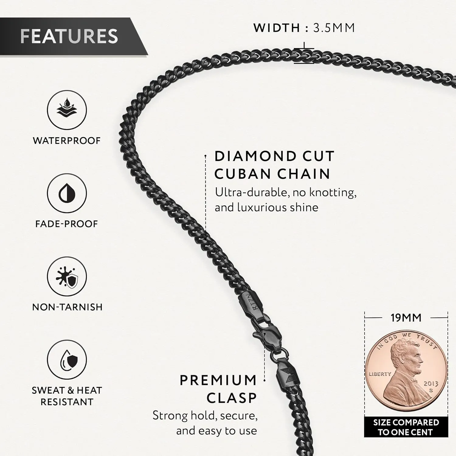 RTZN Mens Black Chain Necklace  3/3.5/5mm Rope Chains & Black Cuban Link Chain for Men & Women  Premium Non-Tarnish & Waterproof Mens Stainless Steel Necklace  18/20/22/24/26" Inch
