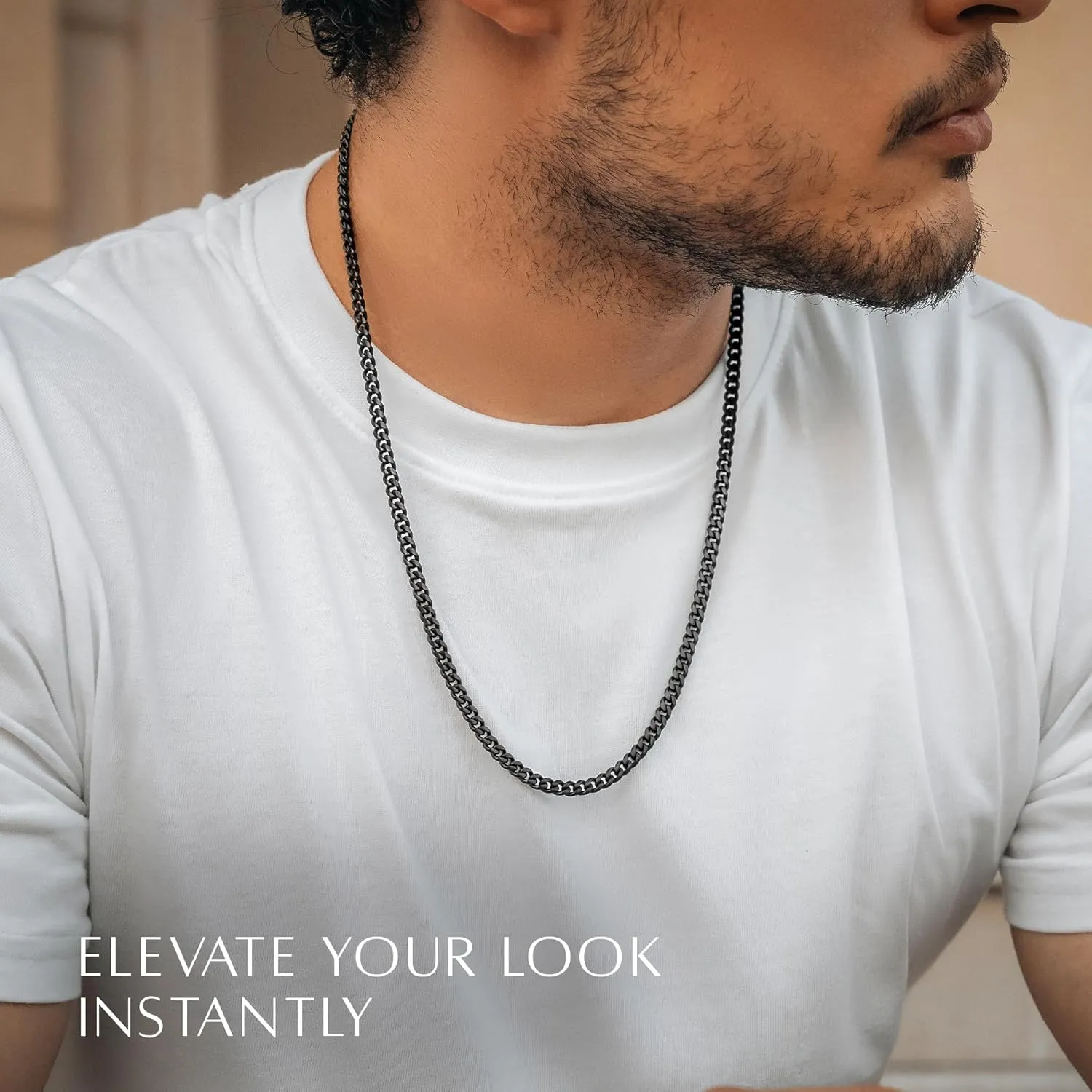 RTZN Mens Black Chain Necklace  3/3.5/5mm Rope Chains & Black Cuban Link Chain for Men & Women  Premium Non-Tarnish & Waterproof Mens Stainless Steel Necklace  18/20/22/24/26" Inch