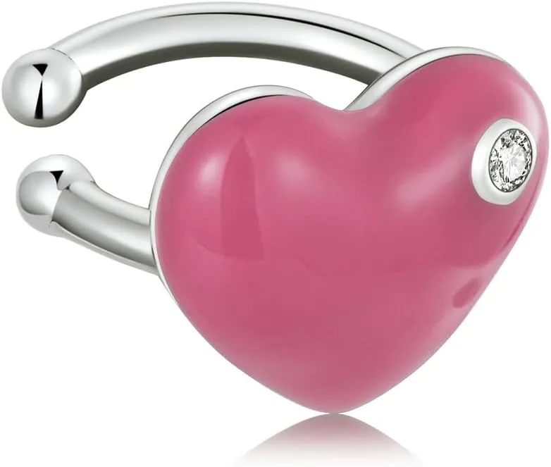 S925 Sterling Silver Candy Pink Heart Cartilage Ear Cuffs Earrings Cubic Zirconia Fake Huggie Hoops Stud Non Piercing Wrap Clip On Earring
