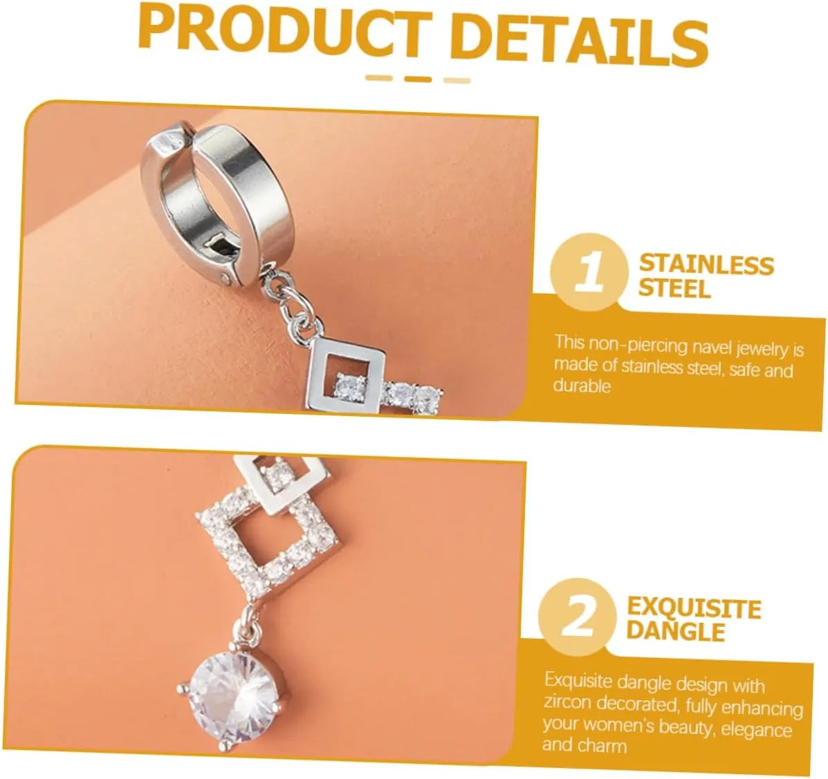 SAFIGLE Navel Ring Belly Ring Belly Button Rings Dangling Clip on Belly Button Rings Stainless Steel Belly