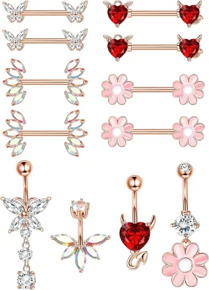 Sanfenly 12PCS Nipple Rings Belly Button Rings for Women 14G 316L Surgical Stainless Steel Curved Navel Barbell Cute Butterfly Flower Belly Piercing Nipple Piercing Jewelry Set