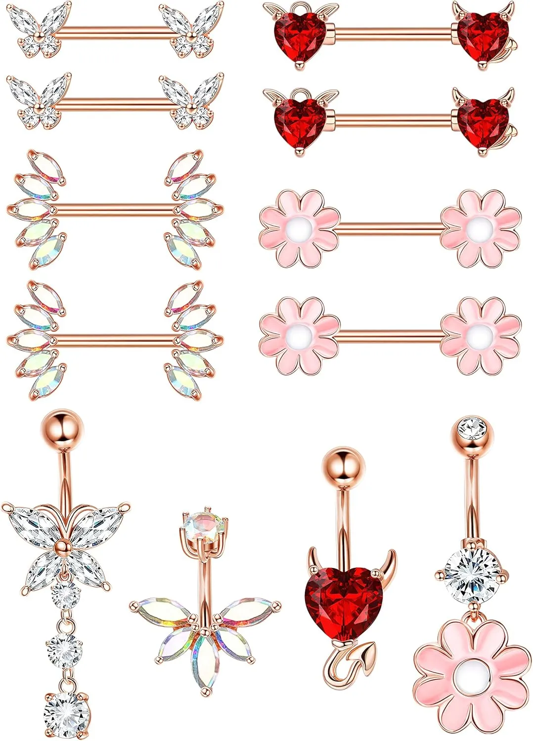 Sanfenly 12PCS Nipple Rings Belly Button Rings for Women 14G 316L Surgical Stainless Steel Curved Navel Barbell Cute Butterfly Flower Belly Piercing Nipple Piercing Jewelry Set