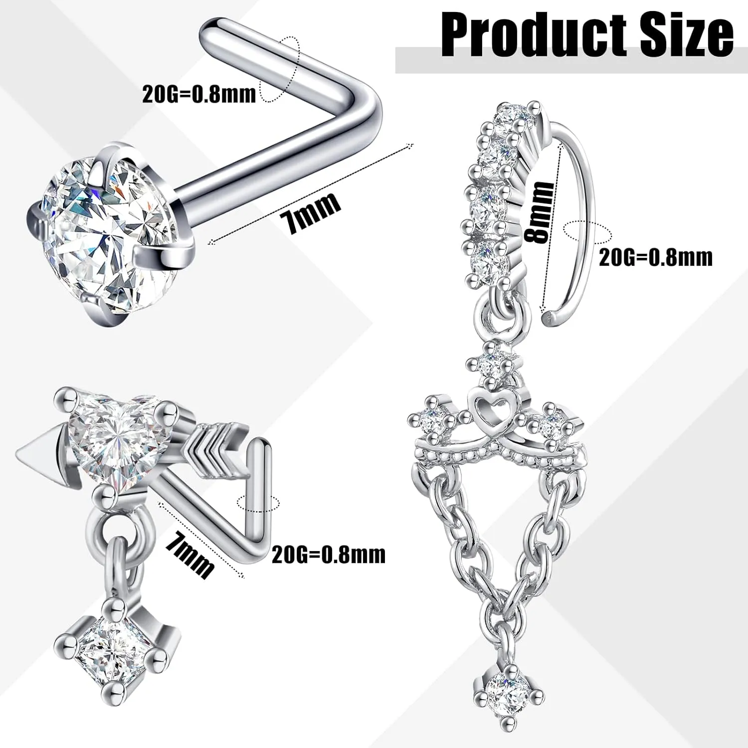 Sasylvia 18 Pcs Dangling Nose Rings Hoops l Shap Dangle Nose Stud 20g Stainless Steel Indian Piercing Jewelry for Women