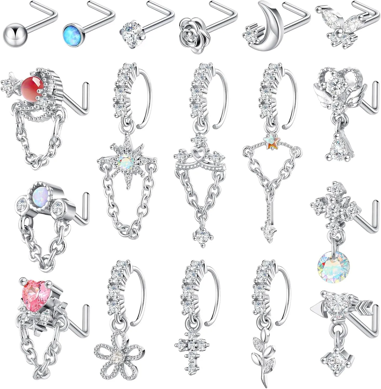 Sasylvia 18 Pcs Dangling Nose Rings Hoops l Shap Dangle Nose Stud 20g Stainless Steel Indian Piercing Jewelry for Women