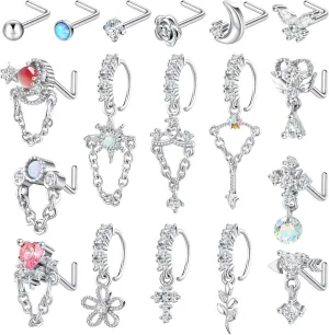 Sasylvia 18 Pcs Dangling Nose Rings Hoops l Shap Dangle Nose Stud 20g Stainless Steel Indian Piercing Jewelry for Women