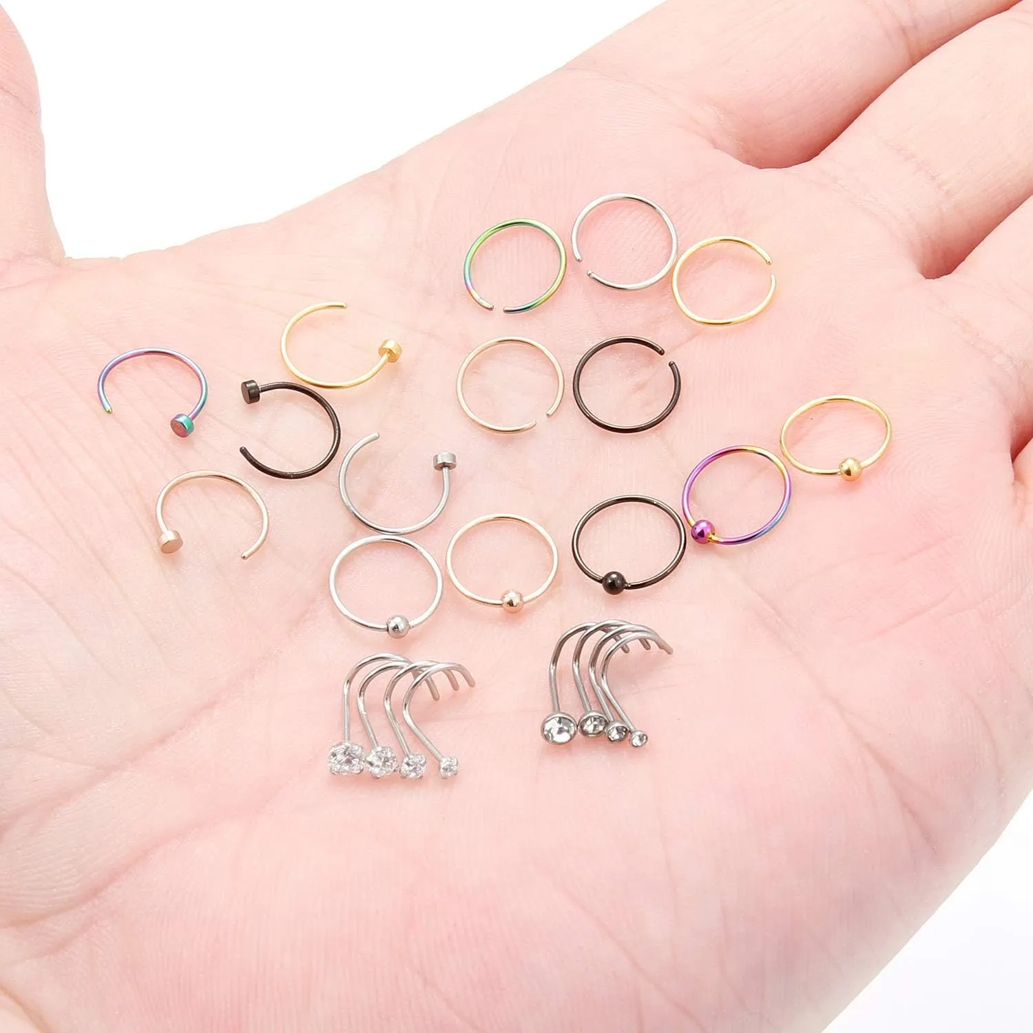 SCERRING 23PCS 22 Gauge Nose Rings Hoop Stainless Steel Bone L Shaped Screw Clear CZ Nose Studs Cartilage Daith Tragus Ear Piercing Ring Hoop Body Jewelry Set