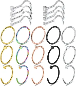 SCERRING 23PCS 22 Gauge Nose Rings Hoop Stainless Steel Bone L Shaped Screw Clear CZ Nose Studs Cartilage Daith Tragus Ear Piercing Ring Hoop Body Jewelry Set