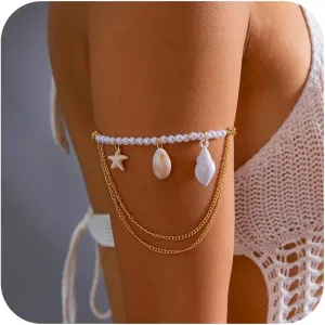 Shell Pearl Arm Cuff for Women Summer Cowrie Shell Starfish Charm Arm Cuff Upper Arm Trendy Pearl Beaded Armlet Armband Beach Jewelry Accessories for Her