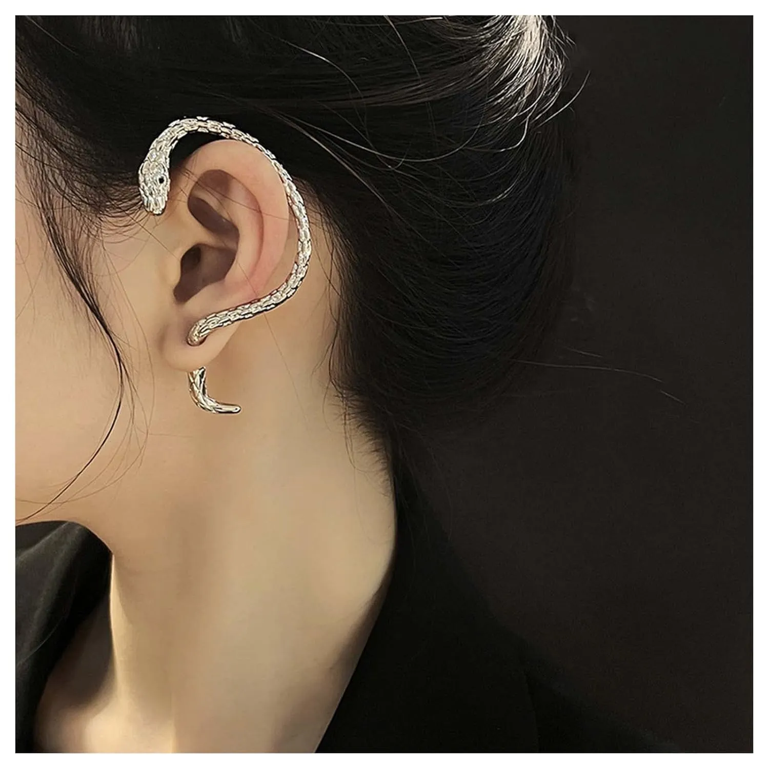 Silver Snake Ear Cuff Earrings - Clip On, Wrap, Non-Pierced - Punk, Vintage Style - Perfect for Parties, Valentine's Day, Birthdays
