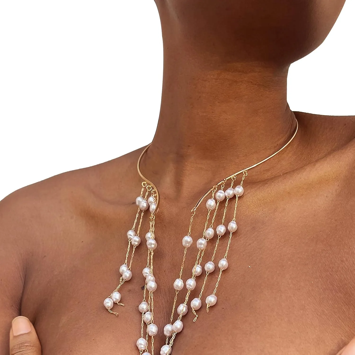 Simple Metal Open Pearl Choker Necklace Long Tassel Crystal Beads Clavicle Chain Necklace Summer Statement Crystal Collar Necklace Pearl Chest Body Jewelry for Women