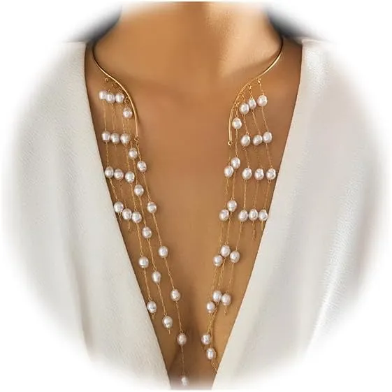 Simple Metal Open Pearl Choker Necklace Long Tassel Crystal Beads Clavicle Chain Necklace Summer Statement Crystal Collar Necklace Pearl Chest Body Jewelry for Women