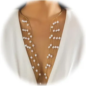 Simple Metal Open Pearl Choker Necklace Long Tassel Crystal Beads Clavicle Chain Necklace Summer Statement Crystal Collar Necklace Pearl Chest Body Jewelry for Women