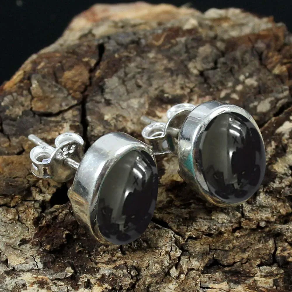 Solid 925 Sterling Silver Stud Earrings For Womens Natural Black Onyx Ear Stud Sterling Silver Ear Stud Oval Gemstone Dainty Ear Stud