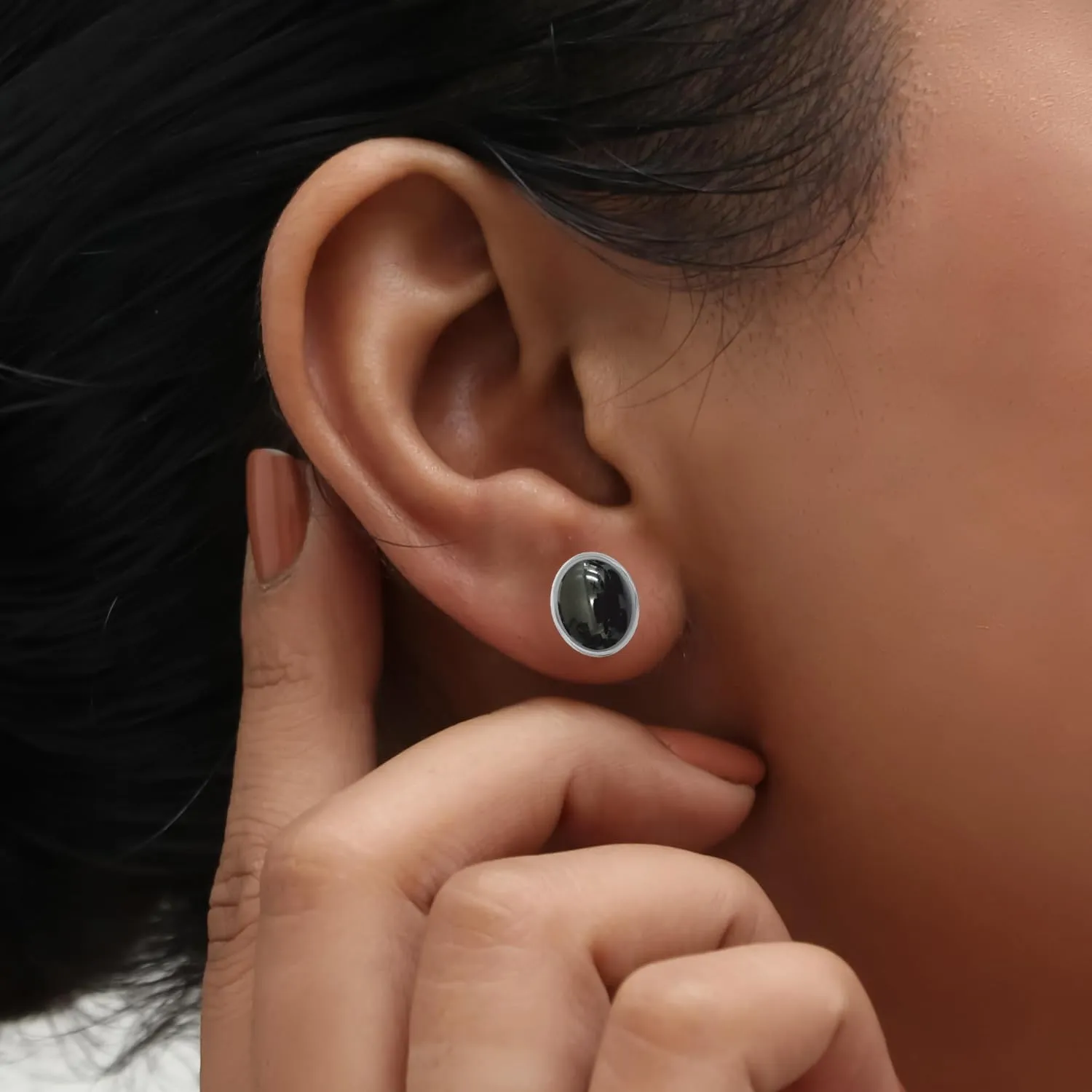 Solid 925 Sterling Silver Stud Earrings For Womens Natural Black Onyx Ear Stud Sterling Silver Ear Stud Oval Gemstone Dainty Ear Stud
