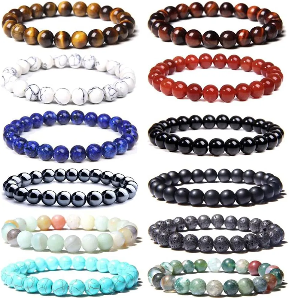 SONNYX 12 PCS 8mm Semi-Precious Gemstone Bracelet Set Crystal Stone Stretch Bracelets for Women Men Round Beaded Elastic Bracelets