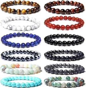 SONNYX 12 PCS 8mm Semi-Precious Gemstone Bracelet Set Crystal Stone Stretch Bracelets for Women Men Round Beaded Elastic Bracelets
