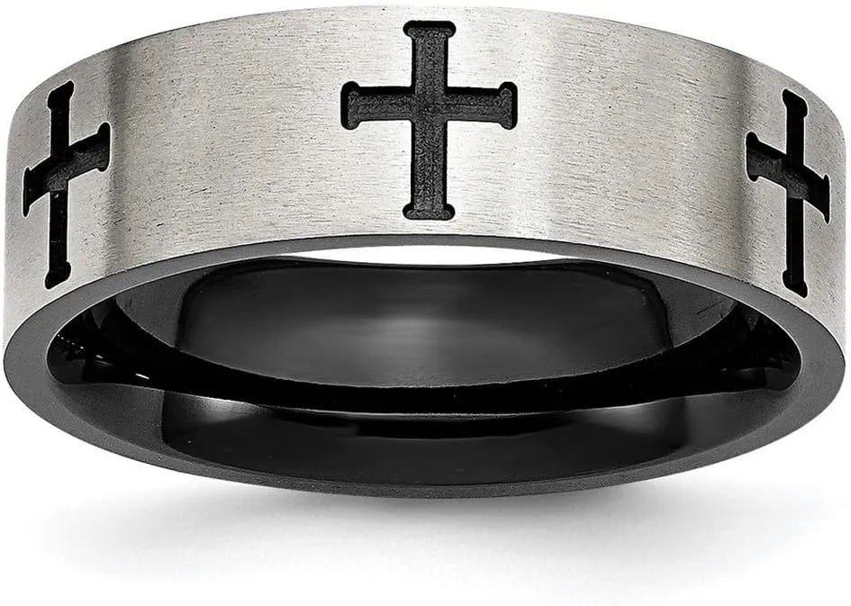 Stainless Steel 7mm Black Plated Religious Faith Crosses Brushed and Polished Band Ring Size 7-Band Style-Ring for Women and Men