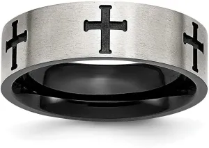 Stainless Steel 7mm Black Plated Religious Faith Crosses Brushed and Polished Band Ring Size 7-Band Style-Ring for Women and Men