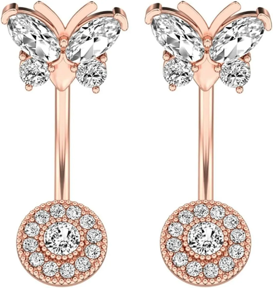 Stainless Steel Belly Rings, 2Pcs Dangling Navel Rings for Women Cubic Zirconia Studs 14G Hanging Belly Button Rings Butterfly