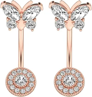 Stainless Steel Belly Rings, 2Pcs Dangling Navel Rings for Women Cubic Zirconia Studs 14G Hanging Belly Button Rings Butterfly
