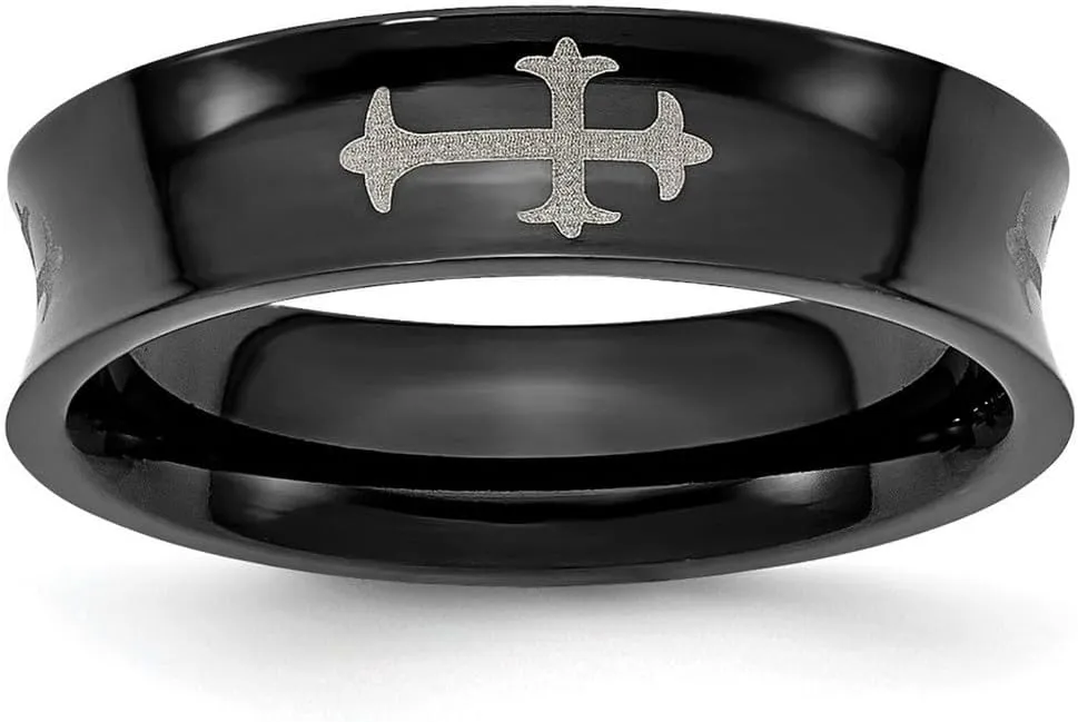 Stainless Steel Concave Polished Religious Faith Crosses and Black Plated 6mm Band Ring Size 11-Band Style-Ring for Women and Men