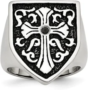 Stainless Steel Polished Religious Faith Cross With Black Diamond Artisan Oxidized Shield Ring Size 11 Band Style-Ring for Women