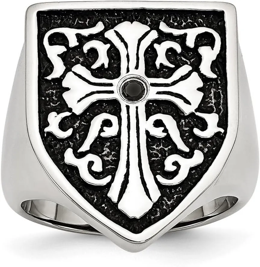 Stainless Steel Polished Religious Faith Cross With Black Diamond Artisan Oxidized Shield Ring Size 11 Band Style-Ring for Women